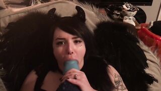 Demon Hotty Sucks off Bad Dragon, Gets Large Facial