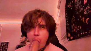 FtM gags on sex toy and CUMS!