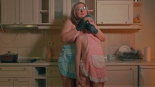 Her stepmom grabs her roughly, covering her throat with her gloved hand... sexy FemDom masturbation with a sextoy, kinky lesbos, immodest talk, and domination