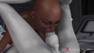 Hot sci-fi female alien plays with a ebony cutie in the space station