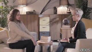 Mature blonde with short hair is making love with a younger chick, in the late afternoon