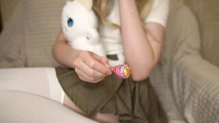 A Schoolgirl Rubs her Love button and Juicy Twat with a sweetmeat and Cums!!!