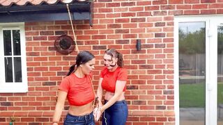Moist and Fastened. Kiki Daniels and Latin babe in Outdoor Suspension Slavery Ending with a Steamy Lesbo Tub Make Out