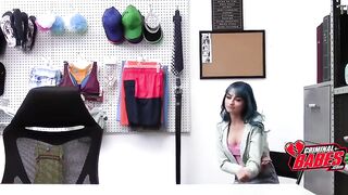 Blue haired shoplifter screws store security hard on the backroom desk