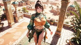 Green Gold Queen Coronation! Inactive side-lying in the desert palace, fingers teasing hair and veil, sun-kissed skin glistening.