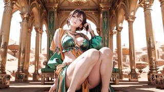 Green Gold Queen Coronation! Inactive side-lying in the desert palace, fingers teasing hair and veil, sun-kissed skin glistening.
