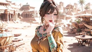 Green Gold Queen Coronation! Inactive side-lying in the desert palace, fingers teasing hair and veil, sun-kissed skin glistening.