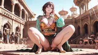 Green Gold Queen Coronation! Inactive side-lying in the desert palace, fingers teasing hair and veil, sun-kissed skin glistening.
