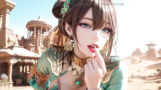 Green Gold Queen Coronation! Inactive side-lying in the desert palace, fingers teasing hair and veil, sun-kissed skin glistening.