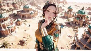 Green Gold Queen Coronation! Inactive side-lying in the desert palace, fingers teasing hair and veil, sun-kissed skin glistening.
