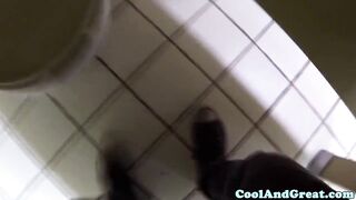 Housewife likes large facial in restaurant restroom