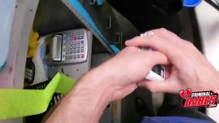 Golden-haired shoplifter fucks five security guards in the backroom