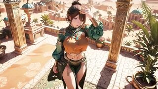 Green Gold Queen Coronation! Inactive Side-lying in the Desert Palace, Fingers Teasing Hair and Veil, Sun-kissed Skin Glistening.