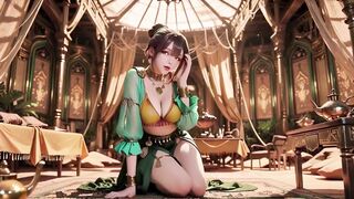 Green Gold Queen Coronation! Inactive Side-lying in the Desert Palace, Fingers Teasing Hair and Veil, Sun-kissed Skin Glistening.