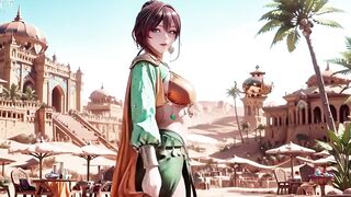 Green Gold Queen Coronation! Inactive Side-lying in the Desert Palace, Fingers Teasing Hair and Veil, Sun-kissed Skin Glistening.