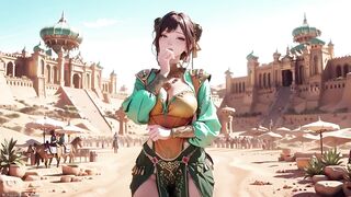 Green Gold Queen Coronation! Inactive Side-lying in the Desert Palace, Fingers Teasing Hair and Veil, Sun-kissed Skin Glistening.