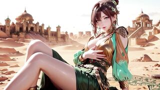 Green Gold Queen Coronation! Inactive Side-lying in the Desert Palace, Fingers Teasing Hair and Veil, Sun-kissed Skin Glistening.