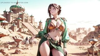 Green Gold Queen Coronation! Inactive Side-lying in the Desert Palace, Fingers Teasing Hair and Veil, Sun-kissed Skin Glistening.
