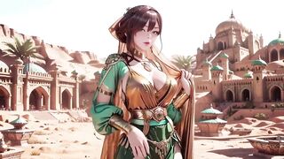 Green Gold Queen Coronation! Inactive Side-lying in the Desert Palace, Fingers Teasing Hair and Veil, Sun-kissed Skin Glistening.