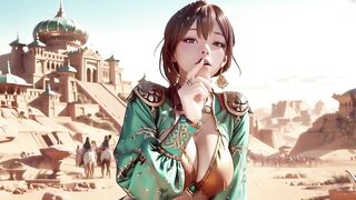 Green Gold Queen Coronation! Inactive Side-lying in the Desert Palace, Fingers Teasing Hair and Veil, Sun-kissed Skin Glistening.
