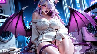 Lewd Demon Beauty Pulls Her Sweater Down in the Empty Laundromat and Shows Anything (AI generated)