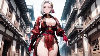 Silver-Haired Samurai's Intimate Dojo! Red & Ebony Kimono slightly open, dual swords in hand yet undeniably seductive.