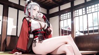 Silver-Haired Samurai's Intimate Dojo! Red & Ebony Kimono slightly open, dual swords in hand yet undeniably seductive.