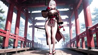 Silver-Haired Samurai's Intimate Dojo! Red & Ebony Kimono slightly open, dual swords in hand yet undeniably seductive.