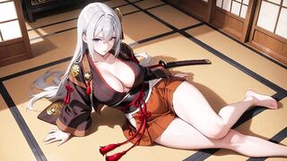 Silver-Haired Samurai's Intimate Dojo! Red & Ebony Kimono slightly open, dual swords in hand yet undeniably seductive.