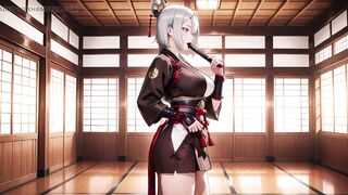 Silver-Haired Samurai's Intimate Dojo! Red & Ebony Kimono slightly open, dual swords in hand yet undeniably seductive.
