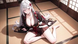 Silver-Haired Samurai's Intimate Dojo! Red & Ebony Kimono slightly open, dual swords in hand yet undeniably seductive.