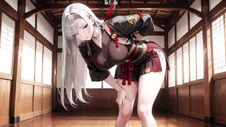 Silver-Haired Samurai's Intimate Dojo! Red & Ebony Kimono slightly open, dual swords in hand yet undeniably seductive.