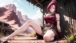 Redhead Warrior in Ruins! Forbidden Rencounter in the Industrial Wasteland, her constricted combat costume wet and hazy eyes.