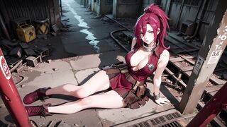 Redhead Warrior in Ruins! Forbidden Rencounter in the Industrial Wasteland, her constricted combat costume wet and hazy eyes.