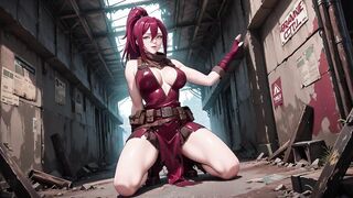 Redhead Warrior in Ruins! Forbidden Rencounter in the Industrial Wasteland, her constricted combat costume wet and hazy eyes.
