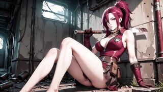 Redhead Warrior in Ruins! Forbidden Rencounter in the Industrial Wasteland, her constricted combat costume wet and hazy eyes.