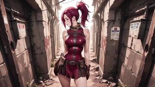 Redhead Warrior in Ruins! Forbidden Rencounter in the Industrial Wasteland, her constricted combat costume wet and hazy eyes.