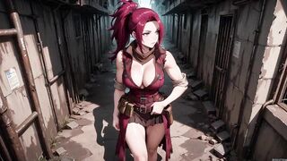 Redhead Warrior in Ruins! Forbidden Rencounter in the Industrial Wasteland, her constricted combat costume wet and hazy eyes.