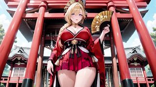 Red & Ebony Miko! Forbidden Shrine Prayer, High-Slit Hakama Exposure, Golden Dominatrix-bitch's Juicy Gaze!