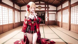 Red & Ebony Miko! Forbidden Shrine Prayer, High-Slit Hakama Exposure, Golden Dominatrix-bitch's Juicy Gaze!
