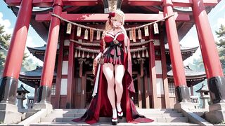 Red & Ebony Miko! Forbidden Shrine Prayer, High-Slit Hakama Exposure, Golden Dominatrix-bitch's Juicy Gaze!