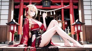Red & Ebony Miko! Forbidden Shrine Prayer, High-Slit Hakama Exposure, Golden Dominatrix-bitch's Juicy Gaze!