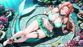 Red-haired Mermaid Princess's Intimate Journey in the Underwater Palace, Green Bikini hugging her curves, Heeled Boots on soft sand,
