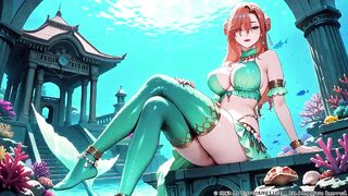 Red-haired Mermaid Princess's Intimate Journey in the Underwater Palace, Green Bikini hugging her curves, Heeled Boots on soft sand,