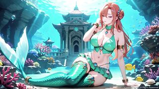 Red-haired Mermaid Princess's Intimate Journey in the Underwater Palace, Green Bikini hugging her curves, Heeled Boots on soft sand,