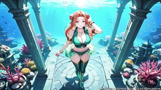 Red-haired Mermaid Princess's Intimate Journey in the Underwater Palace, Green Bikini hugging her curves, Heeled Boots on soft sand,