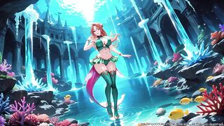 Red-haired Mermaid Princess's Intimate Journey in the Underwater Palace, Green Bikini hugging her curves, Heeled Boots on soft sand,