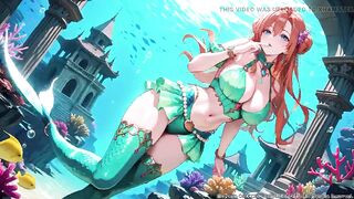 Red-haired Mermaid Princess's Intimate Journey in the Underwater Palace, Green Bikini hugging her curves, Heeled Boots on soft sand,