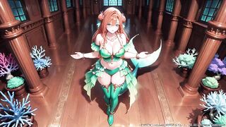 Red-haired Mermaid Princess's Intimate Journey in the Underwater Palace, Green Bikini hugging her curves, Heeled Boots on soft sand,