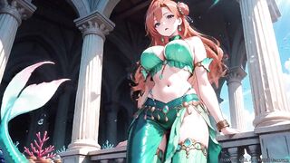 Red-haired Mermaid Princess's Intimate Journey in the Underwater Palace, Green Bikini hugging her curves, Heeled Boots on soft sand,